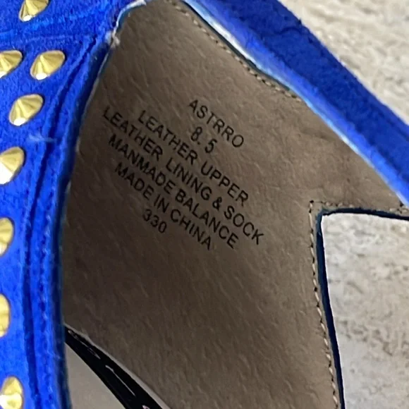 STEVEN Steve Madden ASTRRO Blue Gold Studded Leather Suede Stiletto heel Sz 8.5 - Picture 13 of 17
